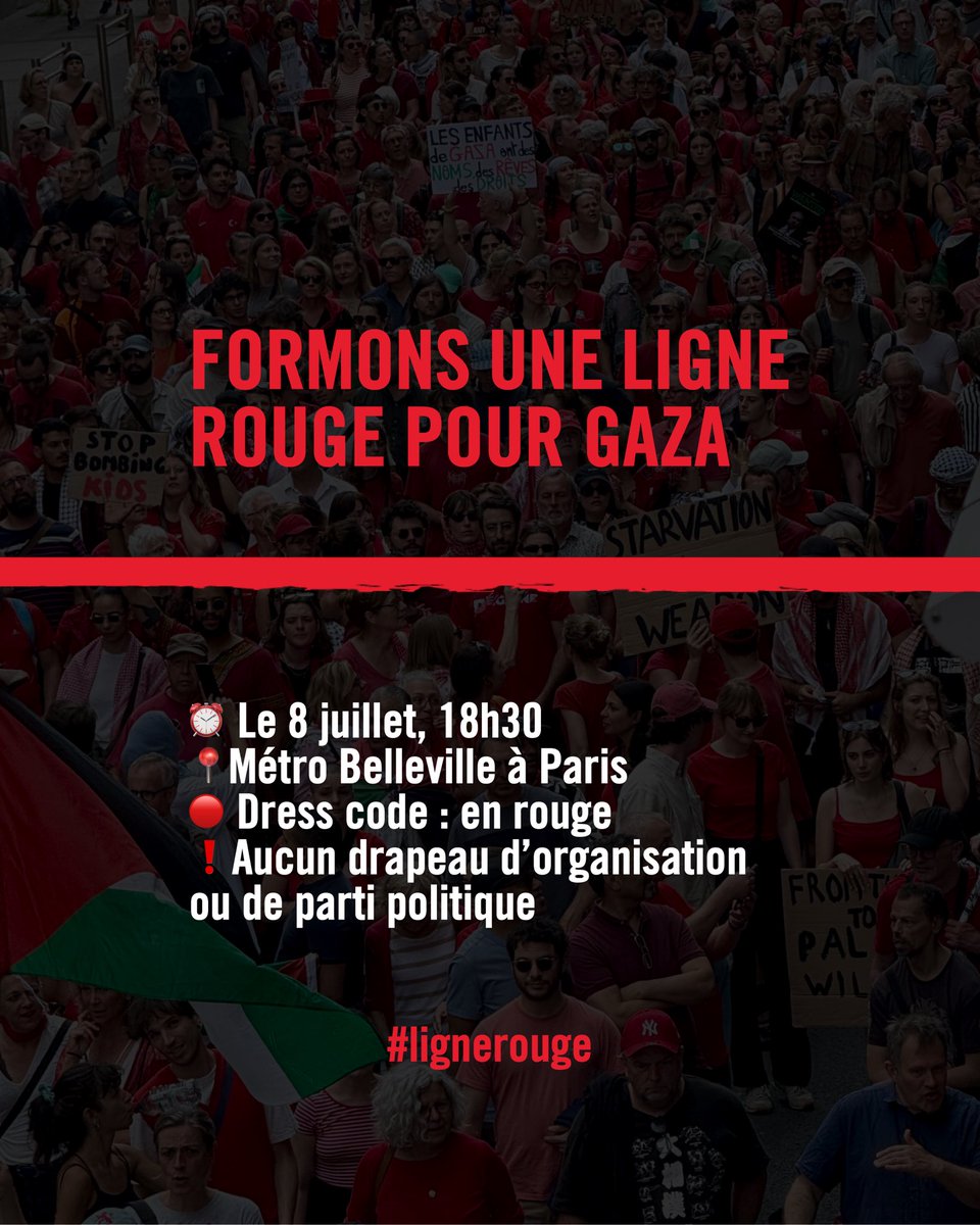 🔴 SAVE THE DATE : toutes les lignes rouges ont été franchies depuis longtemps à #Gaza. #MSF et de nombreuses autres organisations appellent à un grand rassemblement le 8 juillet à #Paris. Plus nous serons nombreux·ses, plus notre voix sera entendue.