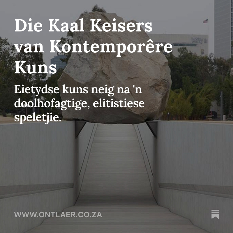Kontemporêre kuns is volgens my eenvoudig 'n vorm van elitisme. 'n Spel met reëls wat net die binne die groep ken en aan mag deelneem. Jy mag nie vra of die keiser kaal is nie, want dan wys jy jou onkunde.

🔗Skakel: ontlaer.co.za/p/die-kaal-kei…