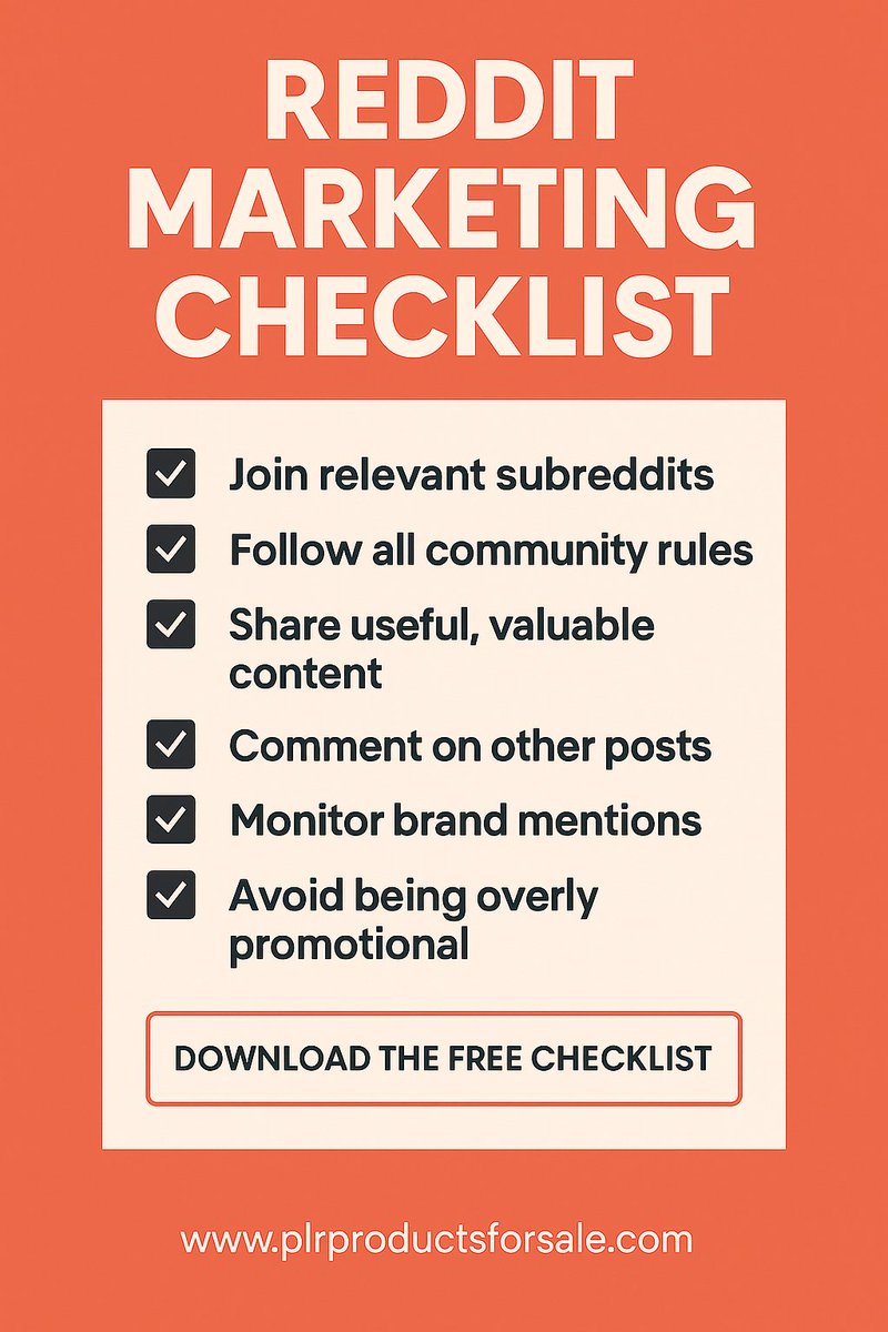 📢 Promote smarter on Reddit! Grab this free checklist 👉 plrproductsforsale.com/shop/free-redd…
#RedditMarketing #MarketingTips

💬 ChatGPT Prompt:
"Write 5 Reddit post ideas that offer value and subtly promote my digital product in niche subreddits."