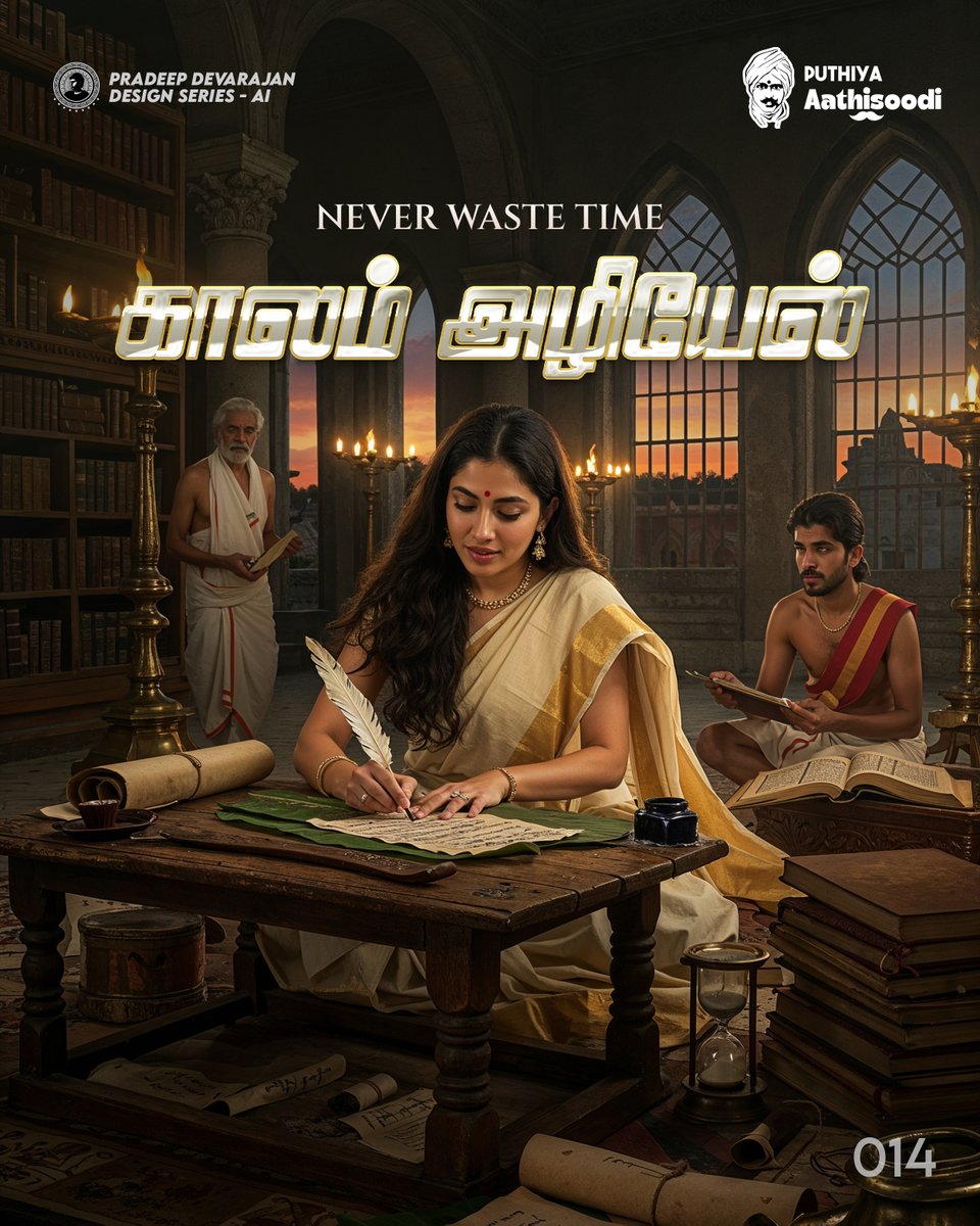 pradee360's tweet photo. 014: காலம் அழியேல் - Never Waste Time
#PuthiyaAathichoodi #PradeeDesignSeries #BharathiyarAathichoodi #Bharathiyar #Tamizh https://t.co/gUuIE1l8QV