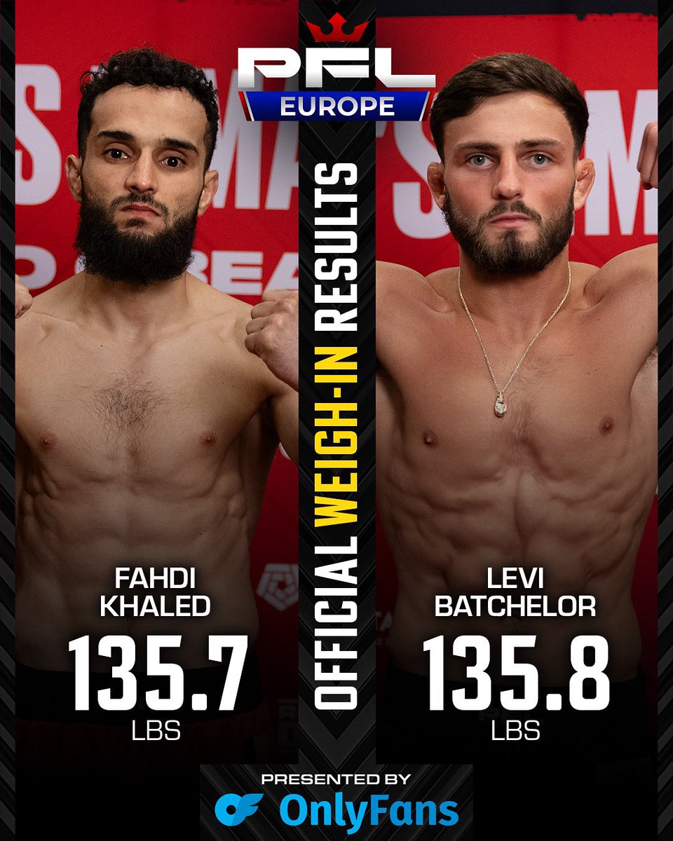 #PFLBrussels OFFICIAL WEIGH IN RESULT ⚖️ 

Fahdi Khaled - 135.7lbs
Levi Batchelor - 135.8lbs

Presented by <a href="/OnlyFans/">OnlyFans</a> 🤝

EXTREMELY LIMITED TICKETS REMAIN! 🎟️ pfl.info/brussels

#PFLBrussels | Sat July 5th | ING Arena
LIVE on DAZN | 🇺🇸 Streaming on The PFL App