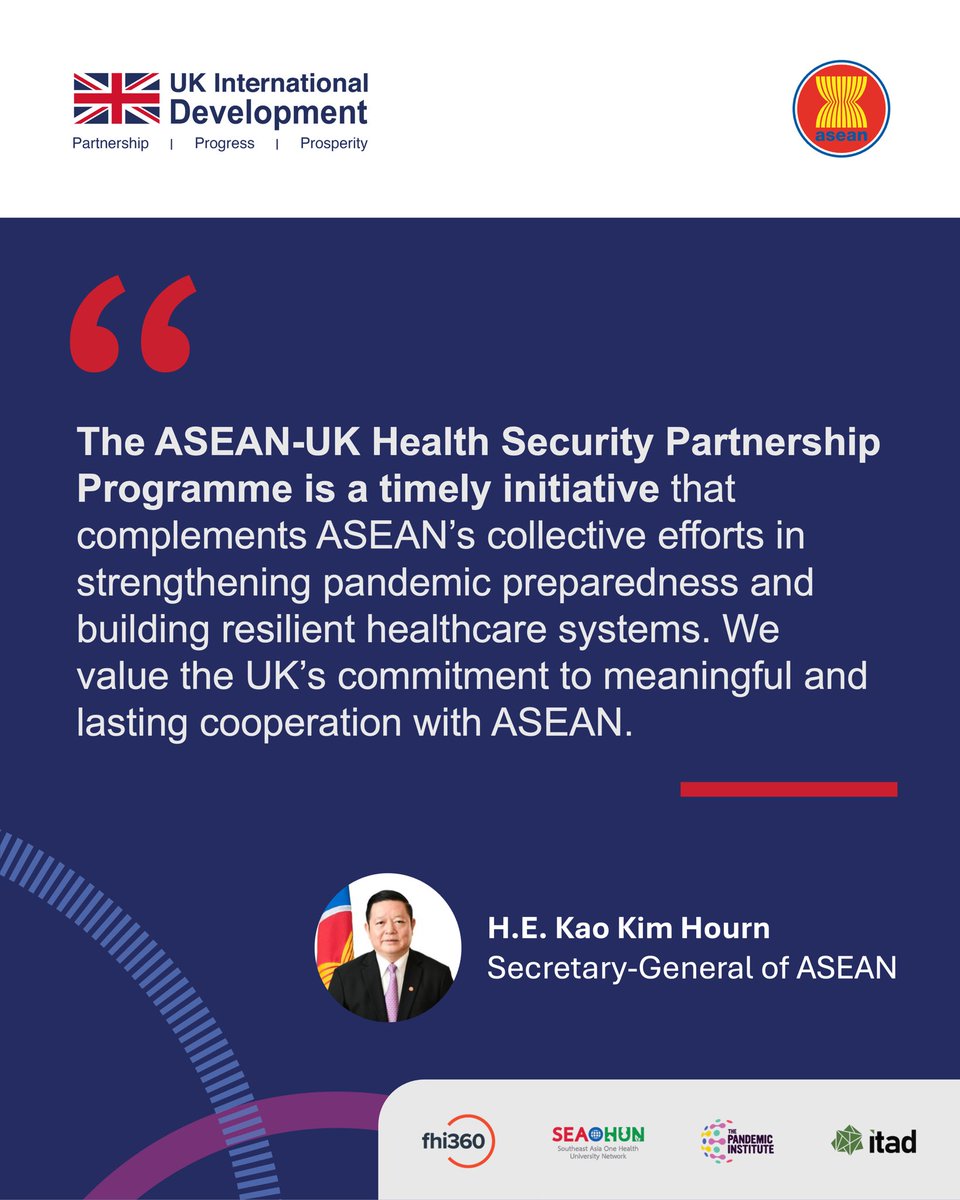 ukmissionasean's tweet image. The UK and ASEAN launch the ASEAN-UK Health Security Partnership Programme today. This 5-year health programme will help Southeast Asia.
Learn more: asean-uk-hsp.org
#ASEANUK #HealthSecurity #ThrivingPartnership