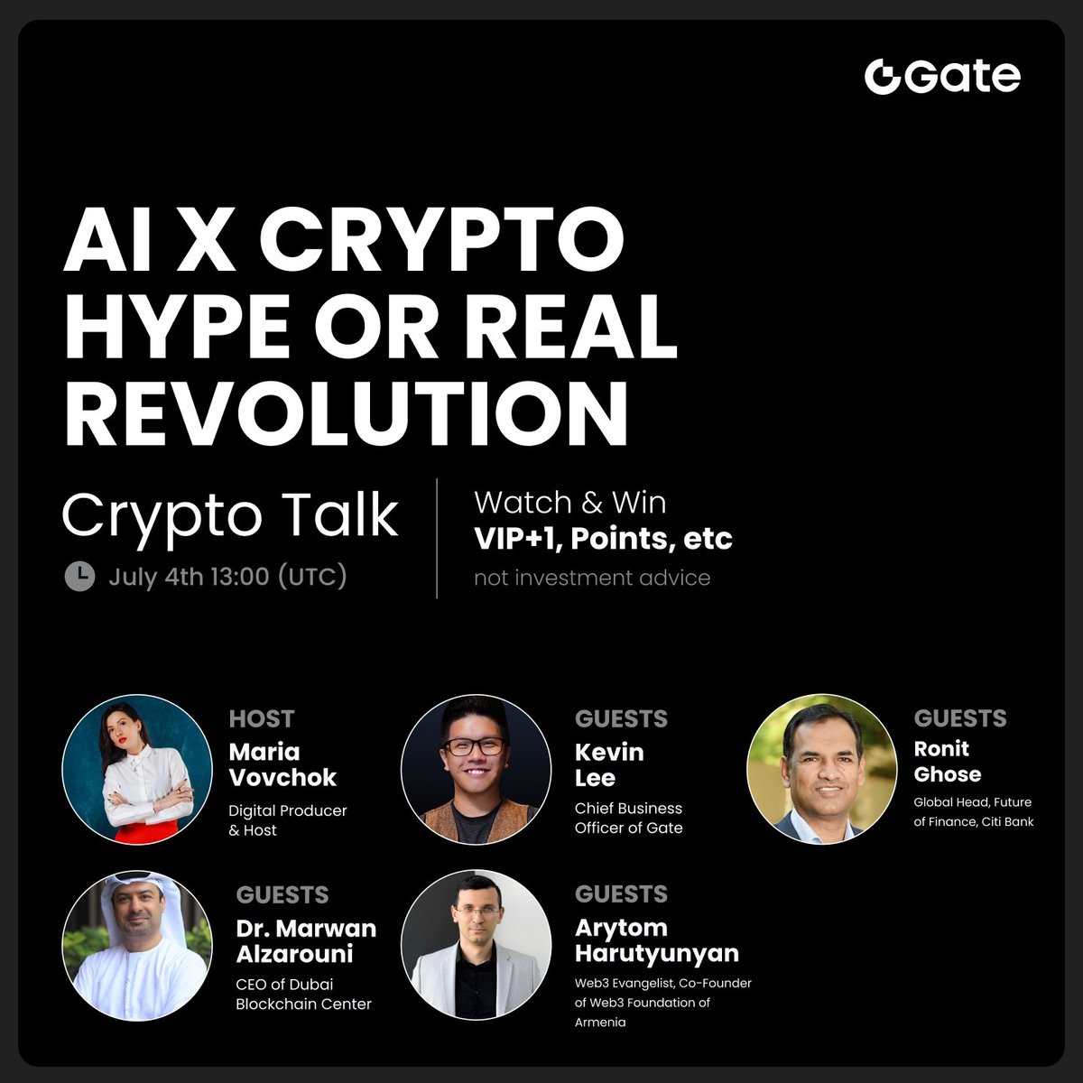 Gate Live | Streamers Wanted (@gateiolive) on Twitter photo 🎙️ Don't miss this week's special #Gatelive #CryptoTalk
Topic: AI x Crypto: Hype or Real Revolution?
🧑💻 Featuring <a href="/kevinlee_gate/">Kevin Lee</a>, <a href="/ronitA380/">Ronit Ghose</a>, <a href="/drmarwan/">Marwan Alzarouni</a>, <a href="/Web3Anarchist/">Tyomni</a>
⚠️ Views expressed are personal, not investment advice
Tune in to win $100 in prizes!
gate.com/live/video/9c7… 🎙️ Don't miss this week's special #Gatelive #CryptoTalk
Topic: AI x Crypto: Hype or Real Revolution?
🧑💻 Featuring <a href="/kevinlee_gate/">Kevin Lee</a>, <a href="/ronitA380/">Ronit Ghose</a>, <a href="/drmarwan/">Marwan Alzarouni</a>, <a href="/Web3Anarchist/">Tyomni</a>
⚠️ Views expressed are personal, not investment advice
Tune in to win $100 in prizes!
gate.com/live/video/9c7…