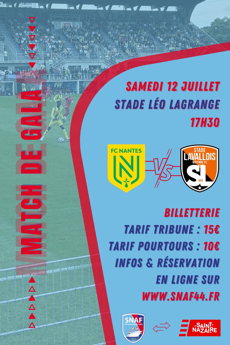 [#MatchDeGala]

🚨𝐅𝐂 𝐍𝐀𝐍𝐓𝐄𝐒 🆚 𝐋𝐀𝐕𝐀𝐋 𝐌𝐅𝐂‼️

🏖️ Combo plage ➕ ⚽️ match❓
🏟️ Le samedi 12 juillet on accueil le <a href="/FCNantes/">FC Nantes</a> ✘ <a href="/stadelavallois/">Stade Lavallois</a>❗️

 🎫 Infos &amp; réservation ➜ snaf44.fr/blog/snaf-1/po…

🎰 Exclu 𝕏 ➜ Suit-nous &amp; repost pour gagner 2 places. Tirage lundi.