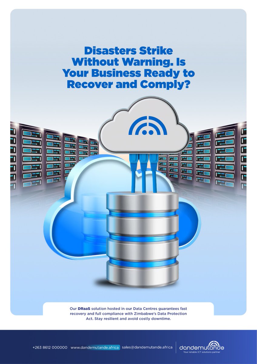 With Dandemutande's DISASTER RECOVERY AS A SERVICE (DRaaS) restores operations in <15 mins while ensuring full compliance. Avoid 6-figure compliance fines and  maintainance operations during crises. 

Stay protected zurl.co/1bd72 | +263 8612 000 000
