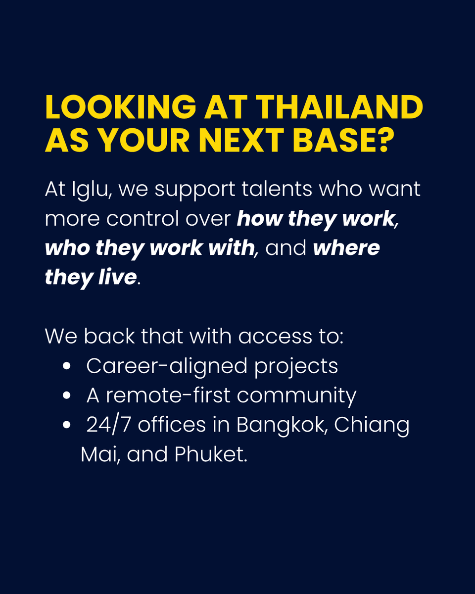 Thailand isn’t just another “work from anywhere” destination.
It’s where experienced remote professionals go to work with intention without compromising what matters most.
At Iglu, we help make that possible. bit.ly/4iSGnWw 
 #iglu #remoteworkthailand #techcareers