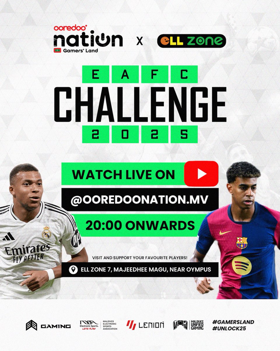 Ooredoo Nation Mv (@ooredoonationmv) on Twitter photo The EAFC Challenge 2025 Finals kick off tonight at 20:00! 🔥
Watch it live on YouTube <a href="/OoredooNation/">Ooredoo Nation</a>.mv or drop by Ell Zone 7 to support your favourites! 🎮🏆
#EAFCChallenge #GamersLand #Unlock25 The EAFC Challenge 2025 Finals kick off tonight at 20:00! 🔥
Watch it live on YouTube <a href="/OoredooNation/">Ooredoo Nation</a>.mv or drop by Ell Zone 7 to support your favourites! 🎮🏆
#EAFCChallenge #GamersLand #Unlock25