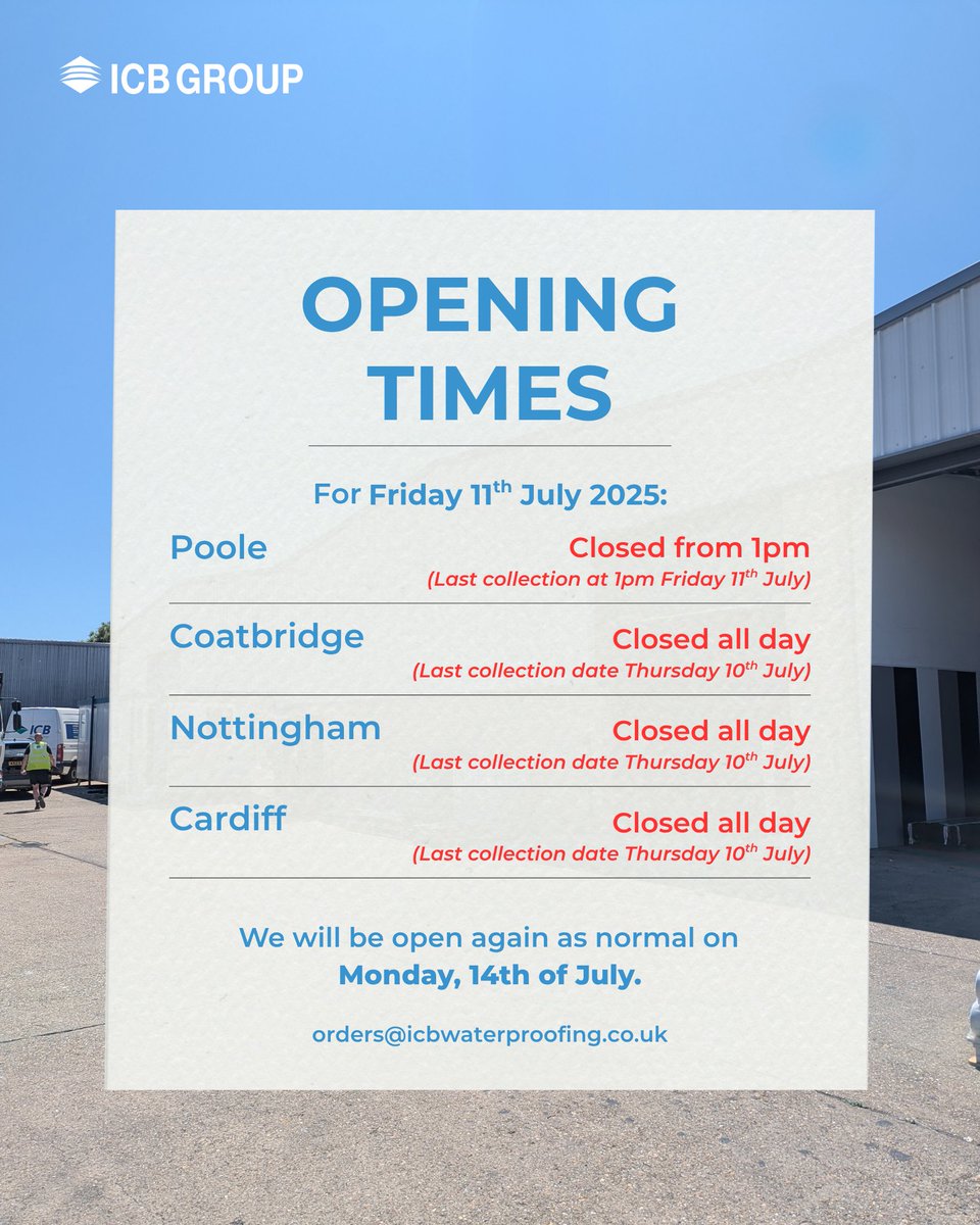 As we approach the celebration of our 40th anniversary, we would like to inform you of our amended opening times for Friday, 11th July 2025.

For order enquiries, please email orders@icbwaterproofing.co.uk

Thank you for your understanding.