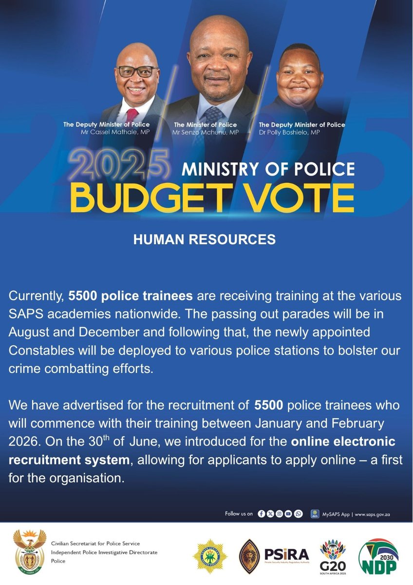 #PoliceMinistry [BUDGET VOTE 2025/2026] Currently 5500 #PoliceTrainees are receiving training. Following passing out parades later this year, the newly appointed Constables will be deployed to various police stations to bolster our crime combatting efforts. 

The SAPS advertised