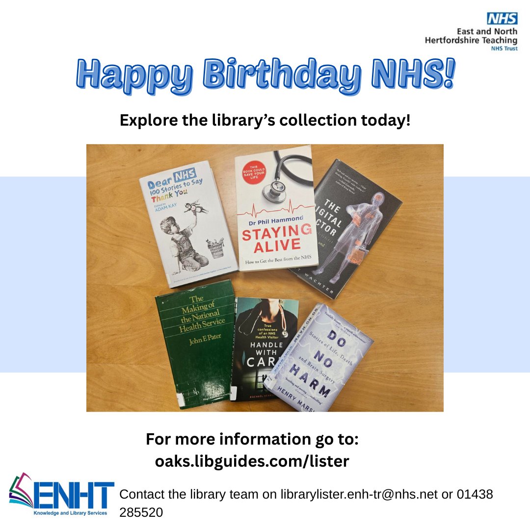 LibbyLister2's tweet photo. It’s the NHS’s Birthday this weekend🎂 Why not explore the @enherts library’s collection? We have books exploring the history, current experiences, and future of the NHS.
You can find out more about library services on our website: https://t.co/3omCtHIJCM
#enhtKLS #NHSBirthday https://t.co/KagWD3cKW1