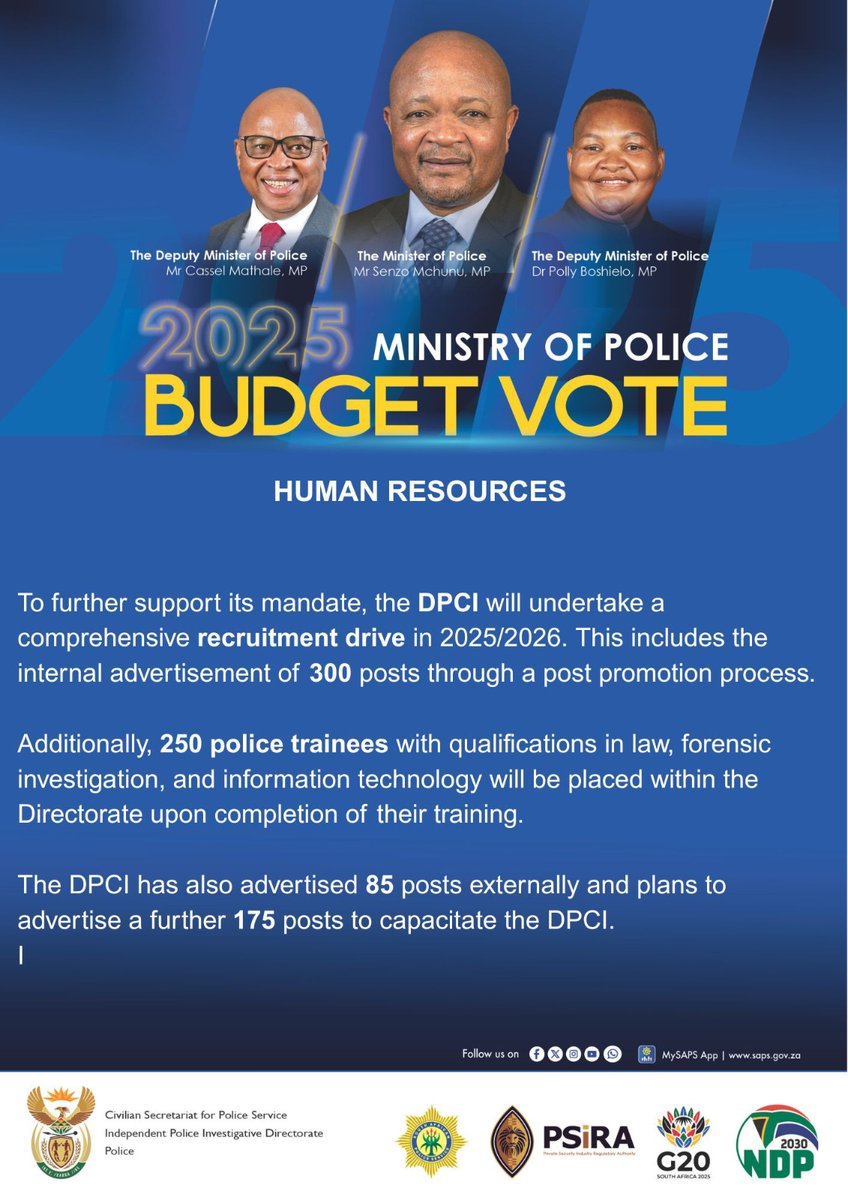 #PoliceMinistry [BUDGET VOTE 2025/2026] As the country’s final line of defence against serious corruption, serious organised crime, and serious commercial crime, the DPCI plays a pivotal role in safeguarding justice and upholding the integrity of democratic institutions. In the