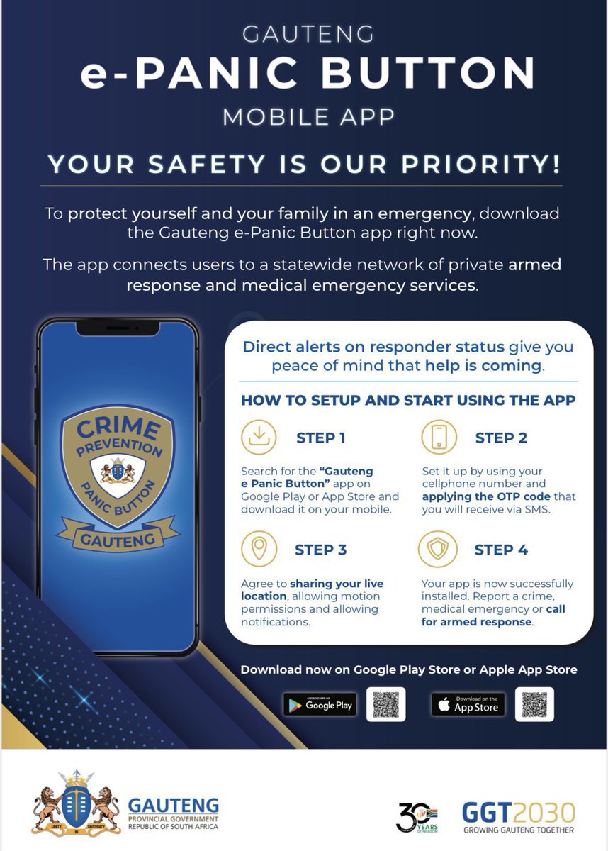 GP_CommSafety's tweet photo. 📲 Your safety matters—download the Gauteng e-Panic App! 

Get access to emergency assistance, report crimes such as theft, vandalism, and more, all at your fingertips.

Stay safe and connected with just a tap on your phone, ensuring that help is always within reach when you need it most.

#GrowingASaferGauteng #ePanicButton