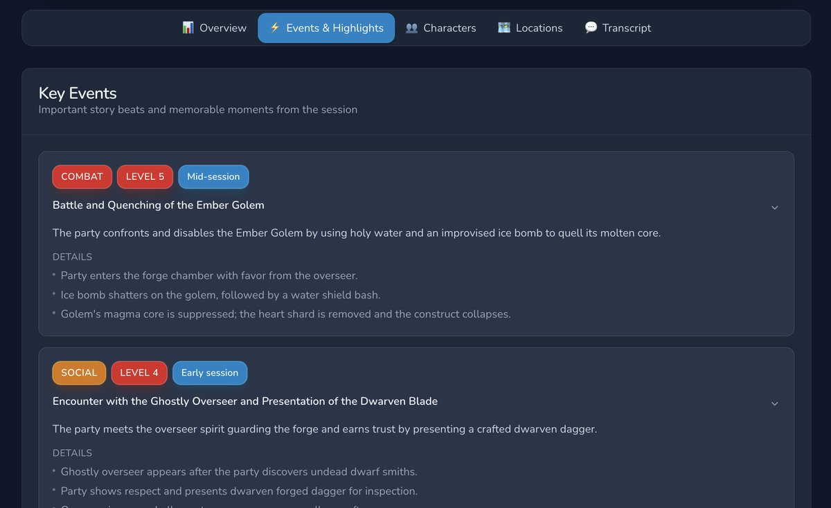 char_genAI's tweet image. Introducing the NEW: RPG Session Summariser!

Upload your Session Audio and get a recap together with NPCs, Locations 

📌 Plot summaries
📌 NPC/Location tracking
📌 Session timeline &amp;amp; transcript

First session entirely free.
char-gen.com/rpg-session-su…
#DnD #TTRPG #RPGTools #dnd5e