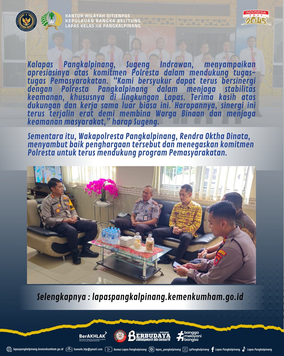 LpPangkalpinang's tweet photo. Sinergi Terjaga, Lapas Pangkalpinang Berikan Penghargaan kepada Polresta Pangkalpinang
selengkapnya: https://t.co/69nOpbVblI

#kemenimipas
#guardandguide
#ditjenpas
#kanwilditjenpasbabel
#hermansawiran
#LapasPangkalpinangBerbudaya
#SugengIndrawan https://t.co/SpmgMA0LoR