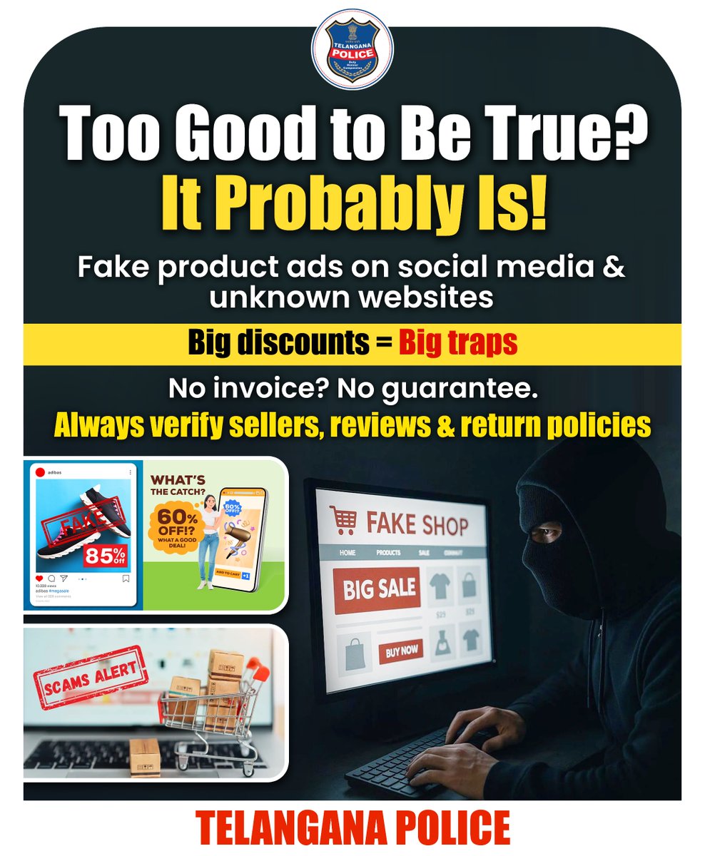 Don’t fall for flashy ads promising magic results.
Report fake websites or Instagram sellers to cybercrime immediately.

#AdvertisementFraud #VerifyBeforeYouBuy #CyberAwareness #TelanganaPolice