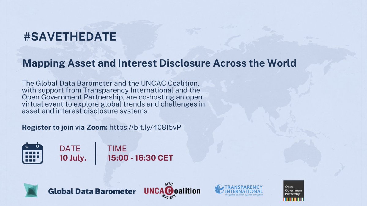 uncaccoalition's tweet image. 📢 Open webinar: Mapping asset and interest disclosure across the world 📢
🗓️Thursday, 10 July
⏰15:00-16:30 CET
Experts and CSO representatives will discuss recent developments in asset and interest disclosure systems
Register here ➡️us02web.zoom.us/meeting/regist…