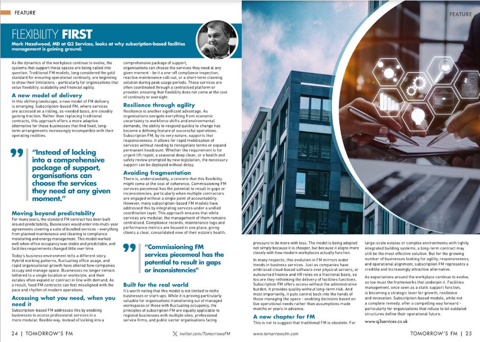 Q3 Services (@q3_services) on Twitter photo Great to see <a href="/q3_services/">Q3 Services</a>' very own Mark Hazelwood in the latest edition of <a href="/TomorrowsFM/">Tomorrow's FM</a> publication talking about subscription-based FM and #FMonDemand services: content.yudu.com/web/1jybr/0A1v… Great to see <a href="/q3_services/">Q3 Services</a>' very own Mark Hazelwood in the latest edition of <a href="/TomorrowsFM/">Tomorrow's FM</a> publication talking about subscription-based FM and #FMonDemand services: content.yudu.com/web/1jybr/0A1v…