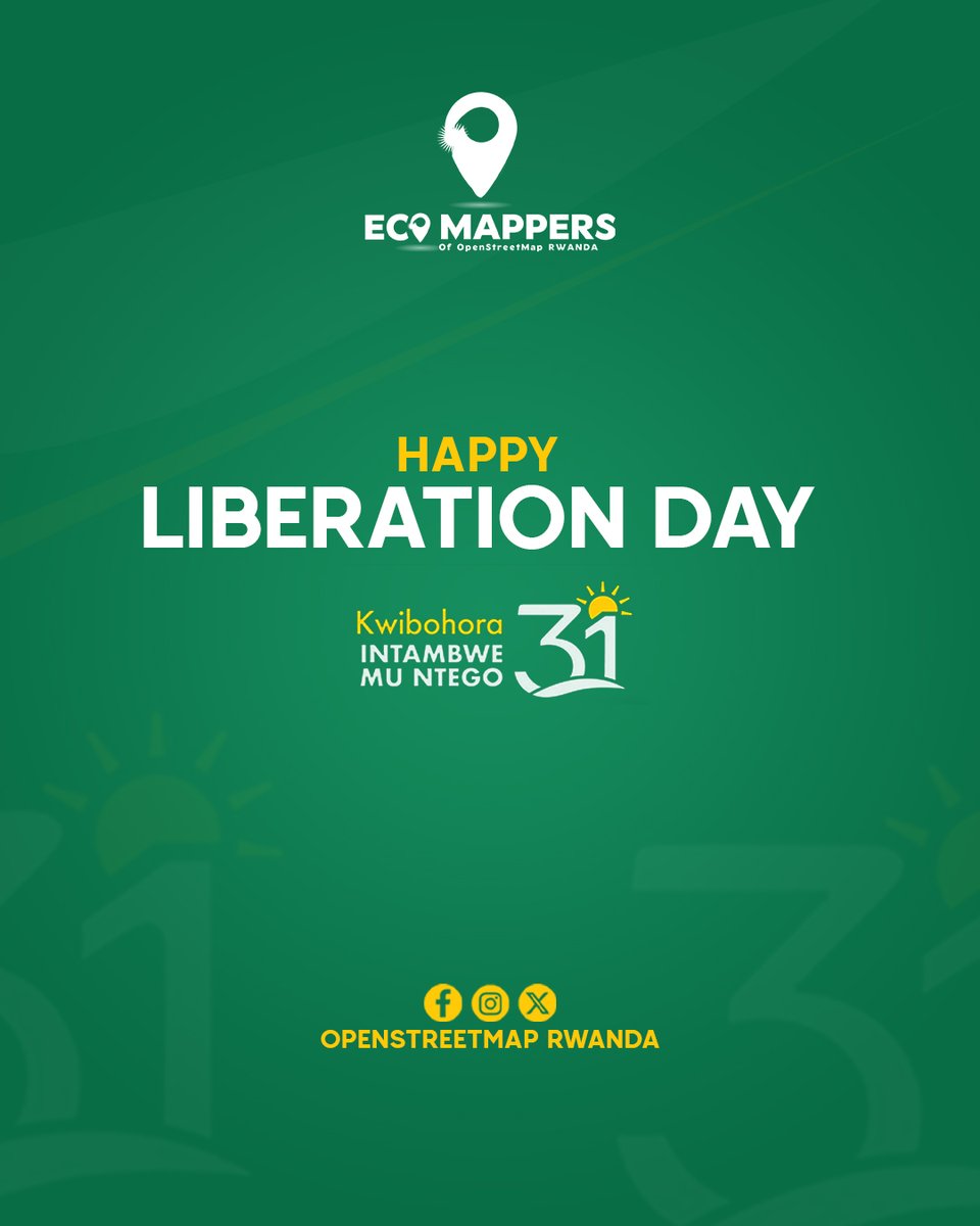 OpenStreetMap Rwanda (@osm_rwanda) on Twitter photo <a href="/osm_Rwanda/">OpenStreetMap Rwanda</a> extends heartfelt wishes to all Rwandans on this Liberation Day. As we celebrate the journey of freedom and progress, we reaffirm our commitment to contributing to Rwanda’s development, empowering communities through open data and digital innovation.
#Kwibohora31 <a href="/osm_Rwanda/">OpenStreetMap Rwanda</a> extends heartfelt wishes to all Rwandans on this Liberation Day. As we celebrate the journey of freedom and progress, we reaffirm our commitment to contributing to Rwanda’s development, empowering communities through open data and digital innovation.
#Kwibohora31