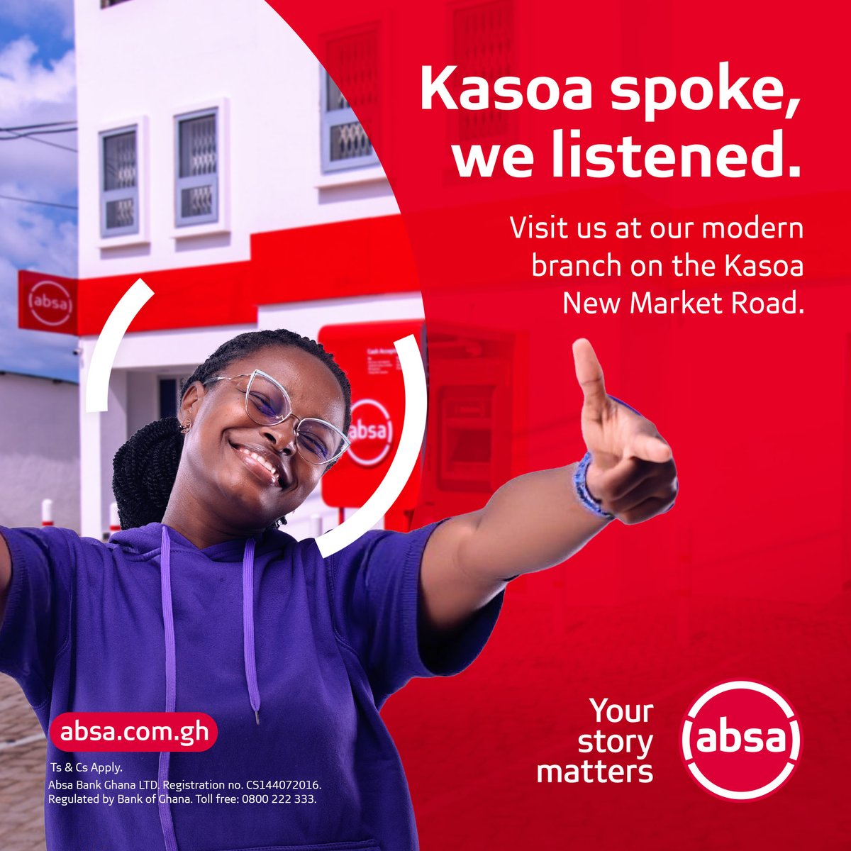 AbsaGhana's tweet photo. Hello Kasoa, we are back! Be among the first to step into our new branch from Monday, 7 July, and discover a wide range of banking services tailored just for you. Share this exciting news and spread the word. https://t.co/olJrHplIyy