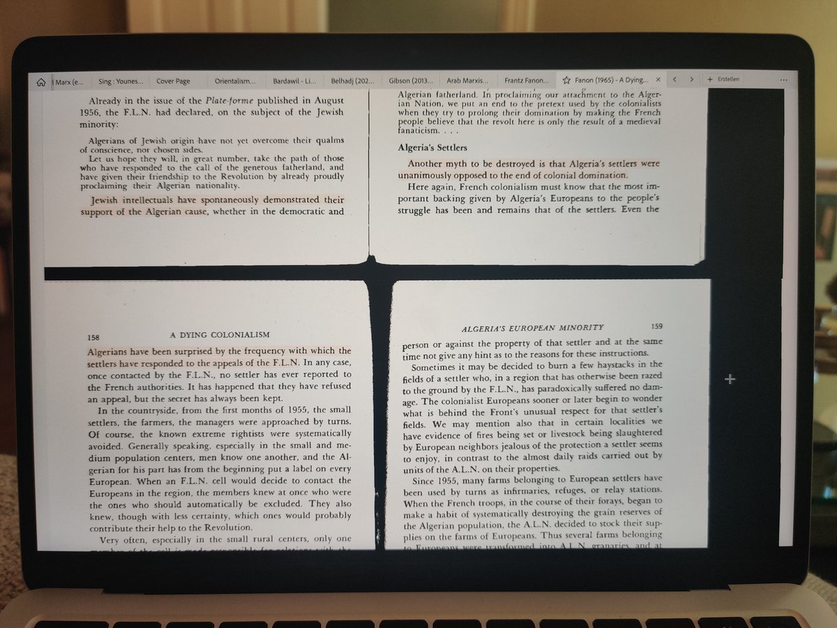 Lauan_al's tweet image. Re-reading Fanon's "Year 5 of the Algerian revolution/A dying colonialism": the nuance in his analysis of the European settlers is interesting, compared to the Wretched of the Earth. The book was mainly directed to a Left audience in Europe, which may explain the shift in tone