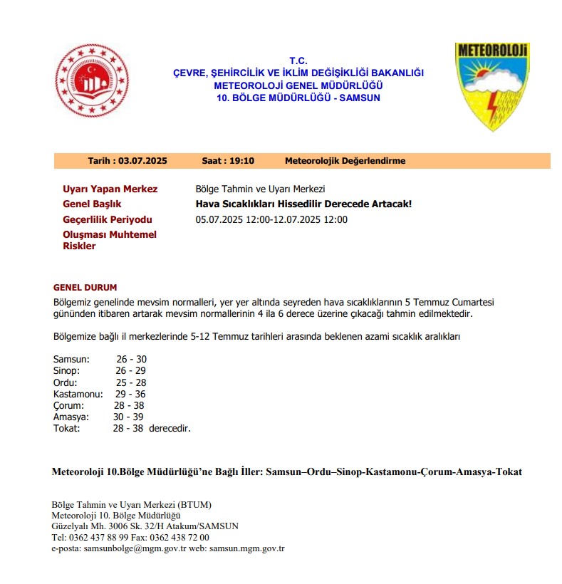 ⛔️HAVA SICAKLIKLARINA İLİŞKİN METEOROLOJİK DUYURU ⛔️

Geçerlilik Periyodu:
05.07.2025 12:00-12.07.2025 12:00

<a href="/AFADBaskanlik/">AFAD</a> 
<a href="/kastamonuvalilk/">Kastamonu Valiliği</a>