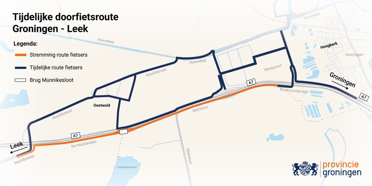 Op maandag 7 juli starten we met de aanleg van de Doorfietsroute Groningen-#Leek, tussen #Lettelbert en #Groningen.  
De fietspaden en wegen ten zuiden van de A7 zijn daarom tot 1 november 2025 afgesloten voor doorgaand verkeer. tinyurl.com/yhxawta5