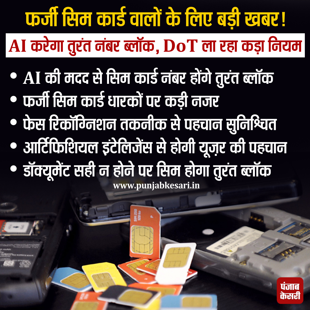 punjabkesari's tweet image. फर्जी सिम कार्ड वालों के लिए बड़ी खबर! AI करेगा तुरंत नंबर ब्लॉक, DoT ला रहा कड़ा नियम

#FakeSIMcard #India #DoTAIShield #TelecomSIMverification #AIpoweredfraudprevention #SecureSIMcardtechnology