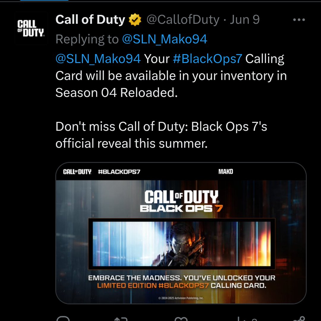 SLN_Mako94's tweet photo. @CallofDuty so, Season 04 Reloaded is here...but where's the calling card? I haven't seen it in my inventory. Anyone else having this same issue?

#BlackOps7 https://t.co/DkP9CUPeOS
