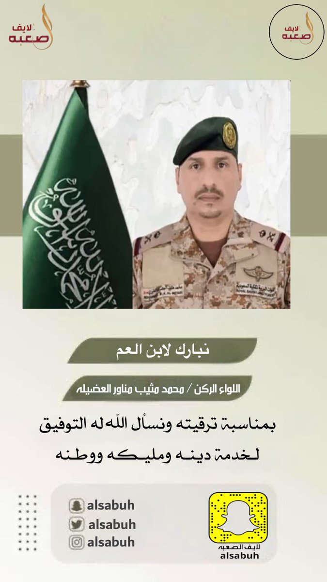 نبارك لابن العم :
سعادة اللواء الركن / محمد مثيب مناور العضيله