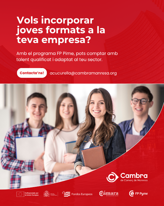 Cambramanresa's tweet photo. 💡 Si vols incorporar talent qualificat a la teva empresa, la formació professional dual és una gran opció!

📌 El programa FP Pime de la Cambra t'assessora i acompanya en tot el procés.

✉️ Contacta amb nosaltres a acucurella@cambramanresa.org

#cambramanresa @FondosUE_Esp https://t.co/eYyjDaQ7sV