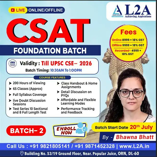 L2A_IAS's tweet image. Start early, stay ahead! Join L2A's CSAT Foundation Batch for UPSC 2026. Batch-2 begins 20th July with expert Bhawana Bhatt (9+ yrs experience). Don’t wait for last-minute prep—build your base now!
👉 CSAT Course
#CSATPreparation #UPSC2026 #IASPreparation