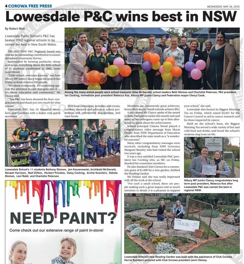 Congratulations to the Lowesdale Public School's P&amp;C for being named the best in New South Wales! The 2025 NSW P&amp;C Regional Award was won for an outstanding contribution to ensure the school community thrives. Well done! corowafreepress.com.au/news/lowesdale…