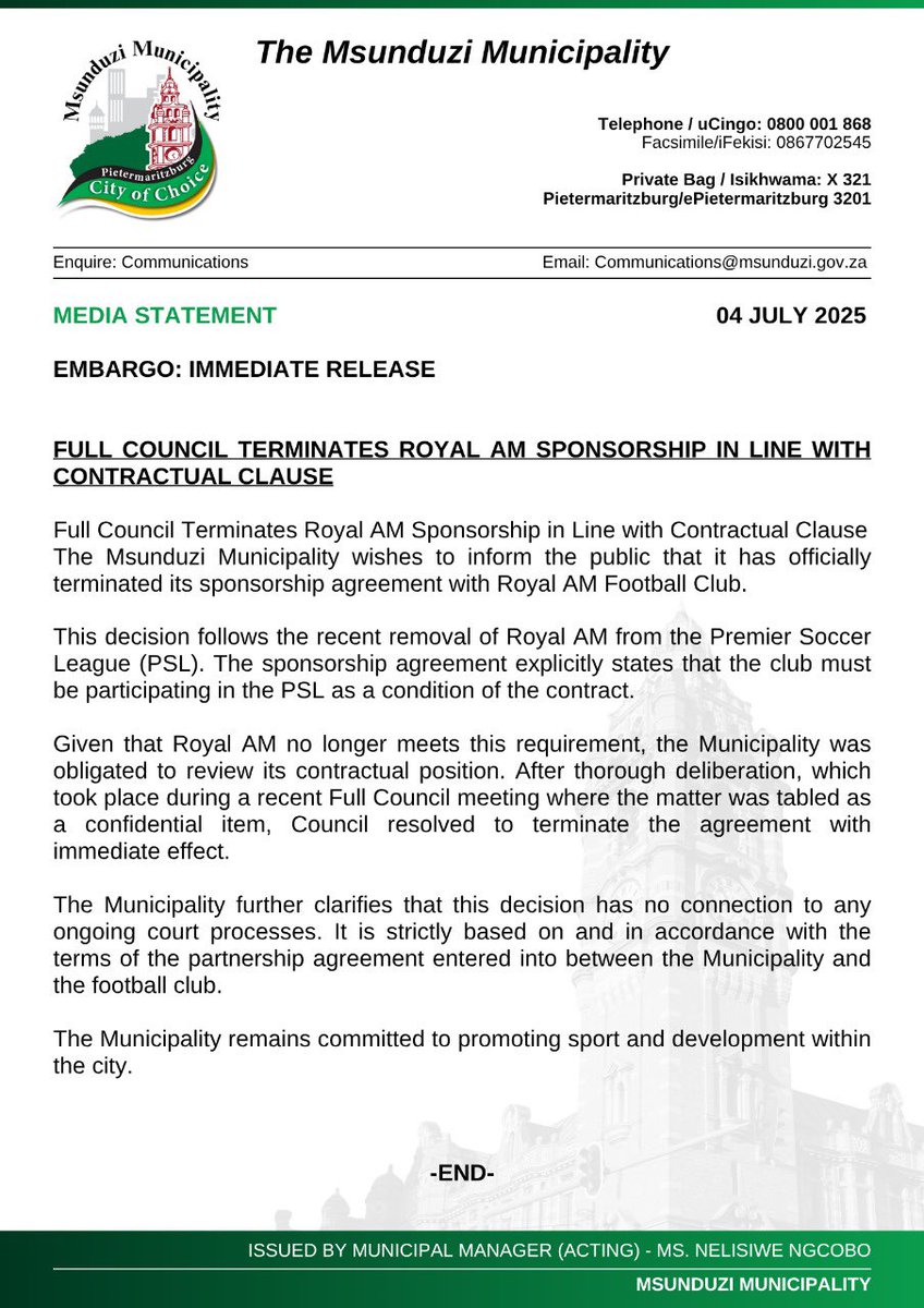 #BREAKINGNEWS  Msunduzi Council terminates Royal AM sponsorship in line with contractual clause. #CityofChoice #secondtonone #TogetherWeCan