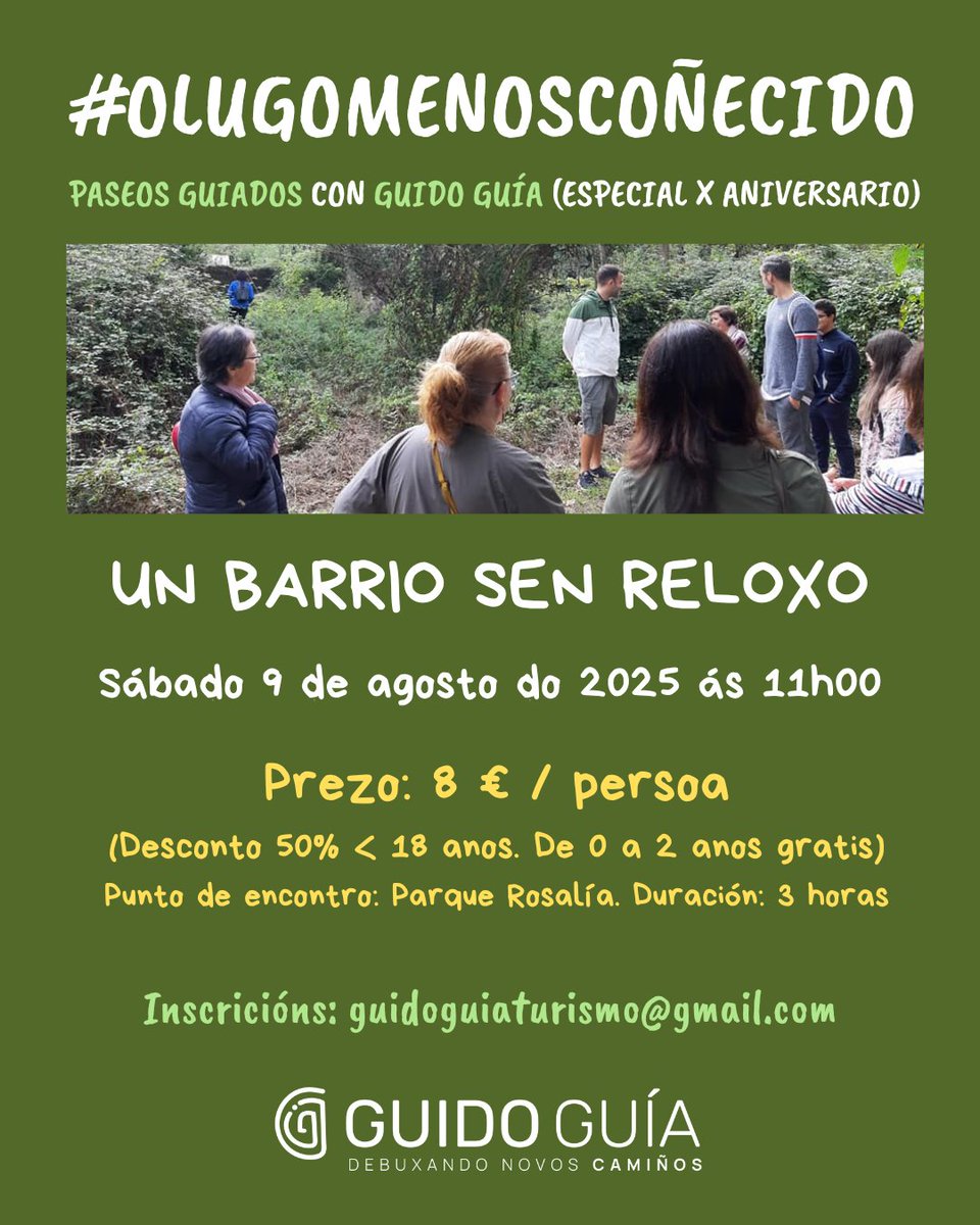 Primeiro cartel do ciclo especial de paseos guiados #OLugoMenosCoñecido, que comezará o vindeiro sábado 9 de agosto 🙌 O primeiro itinerario será un dos primeiros capítulos do proxecto, #UnBarrioSenReloxo, entre pitas 🐔 e historia ⏰ 

Se queredes vir descubrir o histórico