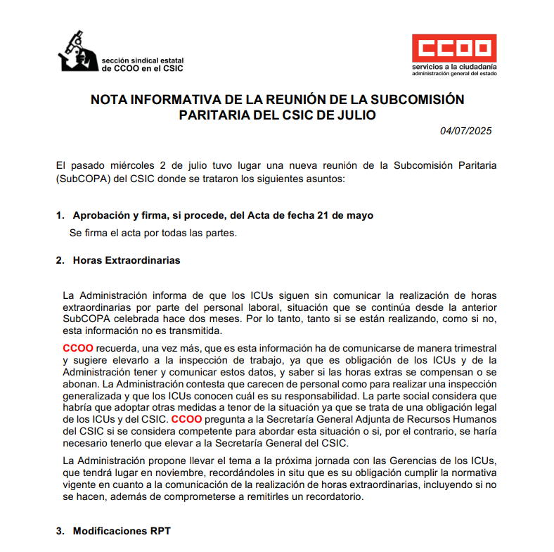 Nota informativa de la reunión de la Subcomisión Paritaria del CSIC celebrada el pasado 2 de julio // <a href="/CCOO_CSIC/">CCOO-CSIC</a> más detalles en: 
sae.fsc.ccoo.es/ee9335a364844b…