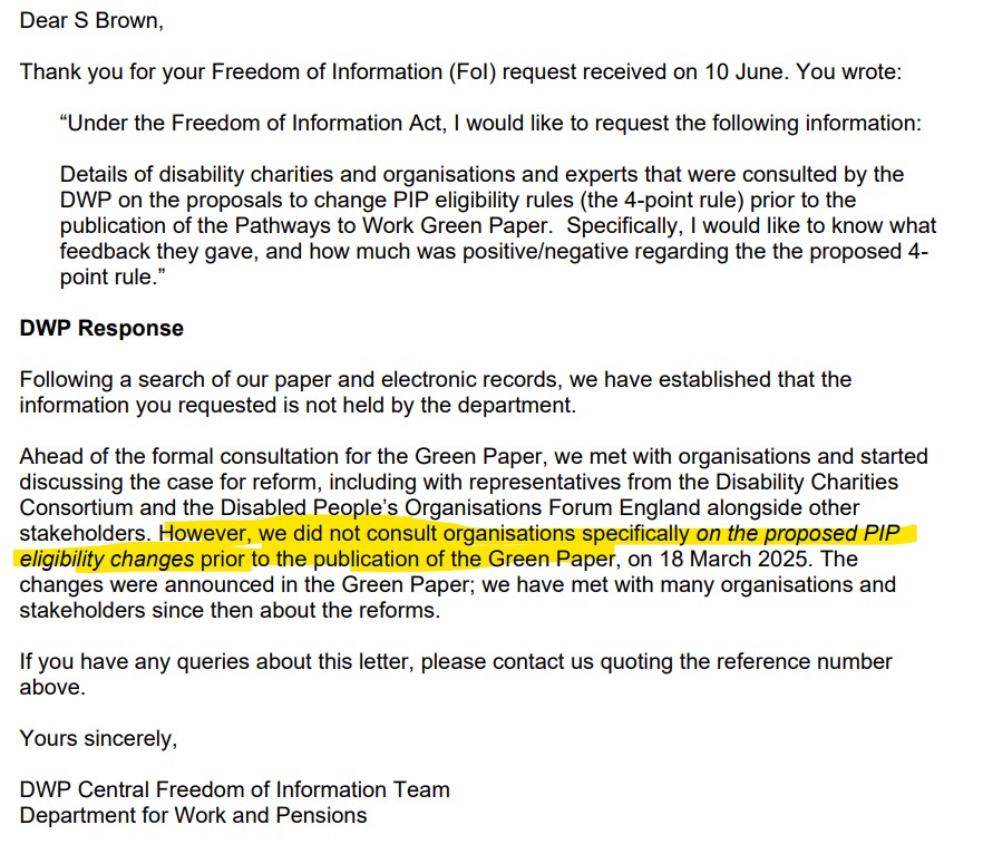 Sam Disabled Man Welfare Not Warfare (@counsellingsam) on Twitter photo Thanks to <a href="/shanebrown74/">Shane Brown</a> for this.
The Department for Work and Pensions did not consult a SINGLE disability group on the proposed PIP eligibility changes before the Green Paper was published.
Labour really doesn't care about disabled people.
#TakingThePIP #DisabilityRebellion Thanks to <a href="/shanebrown74/">Shane Brown</a> for this.
The Department for Work and Pensions did not consult a SINGLE disability group on the proposed PIP eligibility changes before the Green Paper was published.
Labour really doesn't care about disabled people.
#TakingThePIP #DisabilityRebellion