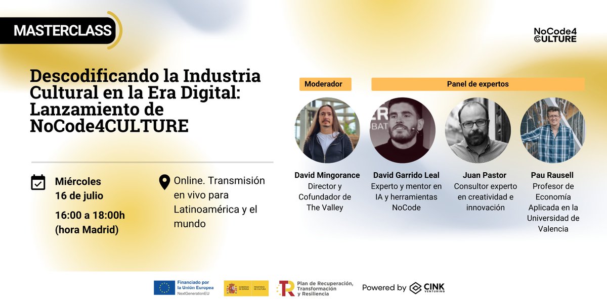 Lanzamiento de NoCode4CULTURE, iniciativa que busca revolucionar la forma en que se crean, gestionan e impulsan proyectos culturales y creativos.

📆 16 de julio – 16h (Madrid). 
Online con transmisión en vivo
👉 bit.ly/4emPrC1