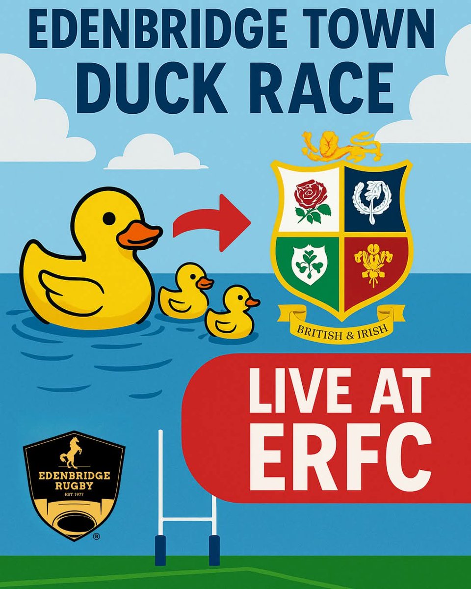 🐥🏉 DUCKS &amp; LIONS - A BIG DAY AT ERFC! 🏉🐥

Get ready for a quacking good time this Saturday!

Join us for the Edenbridge Town Duck Race 🦆 at 11am, and stick around as we roll straight into the British &amp; Irish Lions test LIVE at Edenbridge Rugby Club! 🍻🔥

#erfc  #DuckRace