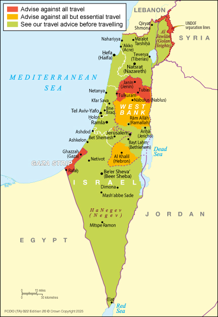 Travel Advice: the FCDO no longer advises against all travel or all but essential travel to some areas of Israel and the West Bank but continues to advise against all travel or all but essential travel to other areas of Israel and the OPTs
gov.uk/foreign-travel…