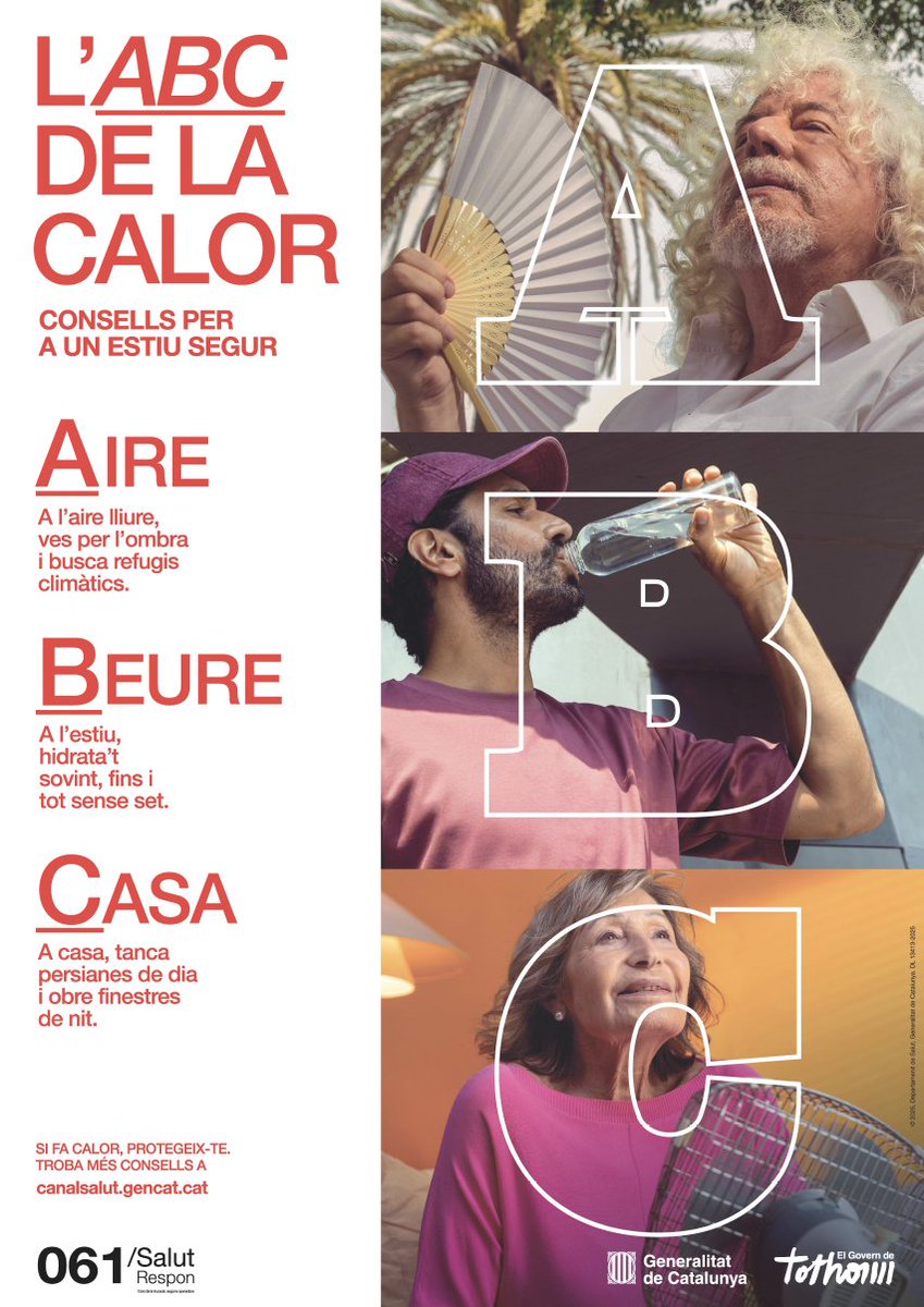 Ajuntament de Santa Eugènia de Berga (@ajuntamentseb) on Twitter photo ☀️ L’ABC de l’estiu per evitar els cops de calor!
Són consells de la <a href="/gencat/">Generalitat de Catalunya</a> per cuidar-te durant els dies més calorosos:
🔸 A d’Aire
🔸 B de Beure
🔸 C de Calor
💡 Prevenir un cop de calor és fàcil si segueixes l’ABC!
Més informació a gencat.cat/estiu ☀️ L’ABC de l’estiu per evitar els cops de calor!
Són consells de la <a href="/gencat/">Generalitat de Catalunya</a> per cuidar-te durant els dies més calorosos:
🔸 A d’Aire
🔸 B de Beure
🔸 C de Calor
💡 Prevenir un cop de calor és fàcil si segueixes l’ABC!
Més informació a gencat.cat/estiu