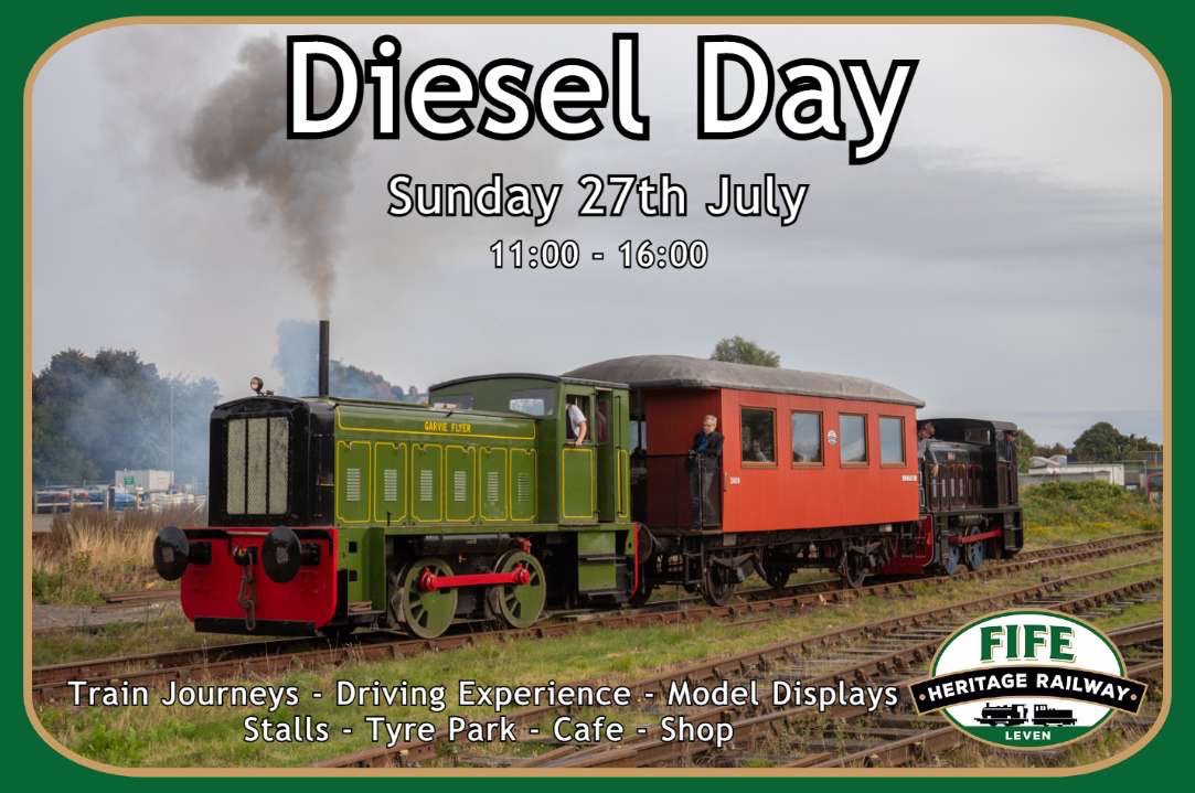 Our next event is fast approaching, Diesel Day will take place on Sunday 27th July. 

Train ticket prices...
£6 per adult 
£3 per child 

Diesel Day
Sunday 27th July 
11:00 - 16:00
Fife Heritage Railway 
KY8 4RB 

See you there!