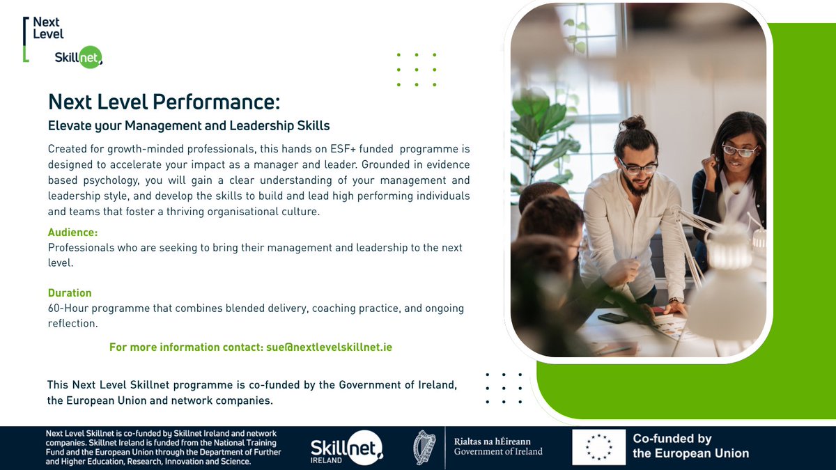 Next Level Skillnet (@nextlskillnet) on Twitter photo Elevate your Management and Leadership Skills with this ESF+ funded programme designed to accelerate your impact as a manager and leader. shorturl.at/OVpLn
#EUinmyRegion #leadership #managementskills Elevate your Management and Leadership Skills with this ESF+ funded programme designed to accelerate your impact as a manager and leader. shorturl.at/OVpLn
#EUinmyRegion #leadership #managementskills