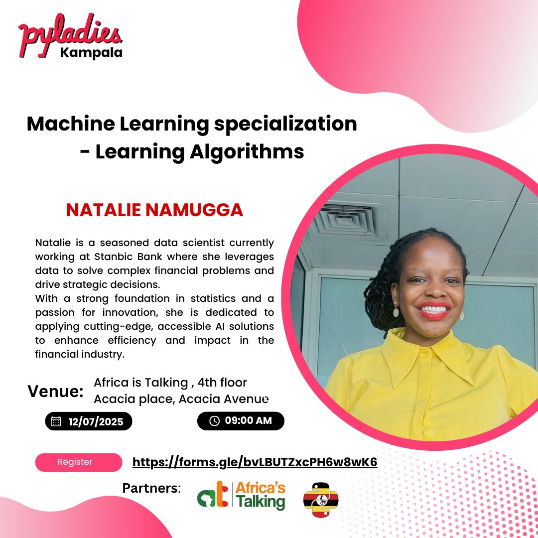pyladieskla's tweet image. This July Meetup we’re diving deeper into the world of Machine Learning.
Topic: Machine Learning Specialization - Learning algorithms
Speaker: Natalie Namugga
📅: Saturday 12/07/2025
📌: Africa's Talking
forms.gle/9emfg7MjYQzG9K…
Join us for a deep dive into learning algorithms
