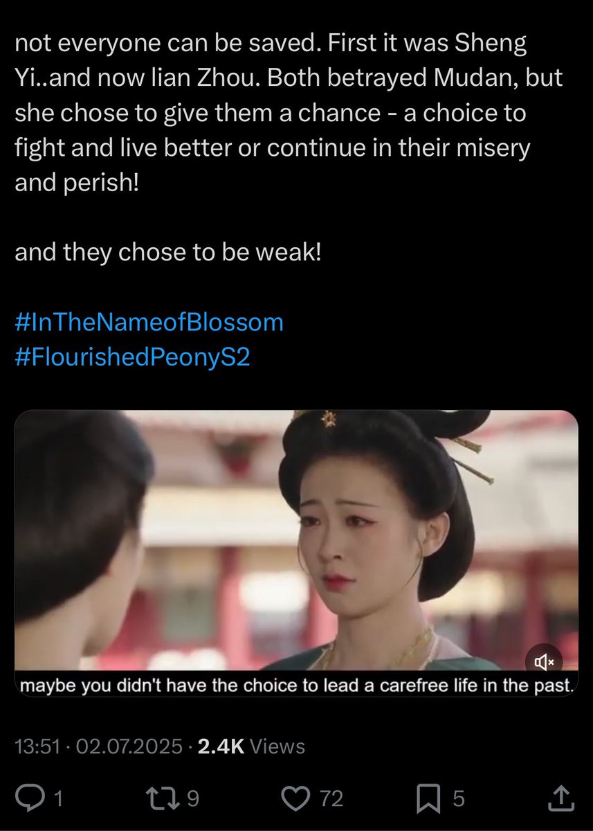 dramateaque's tweet photo. Gonna be uptight &amp; comment on this bc, even if jokingly said, I don’t like women being talked abt this way.

I don’t think Sheng Yi &amp; Lian Zhou “chose to be weak” &amp; I think that wording does a disservice to the efforts made to show where these women came from.
#InTheNameofBlossom https://t.co/6Phehu6880