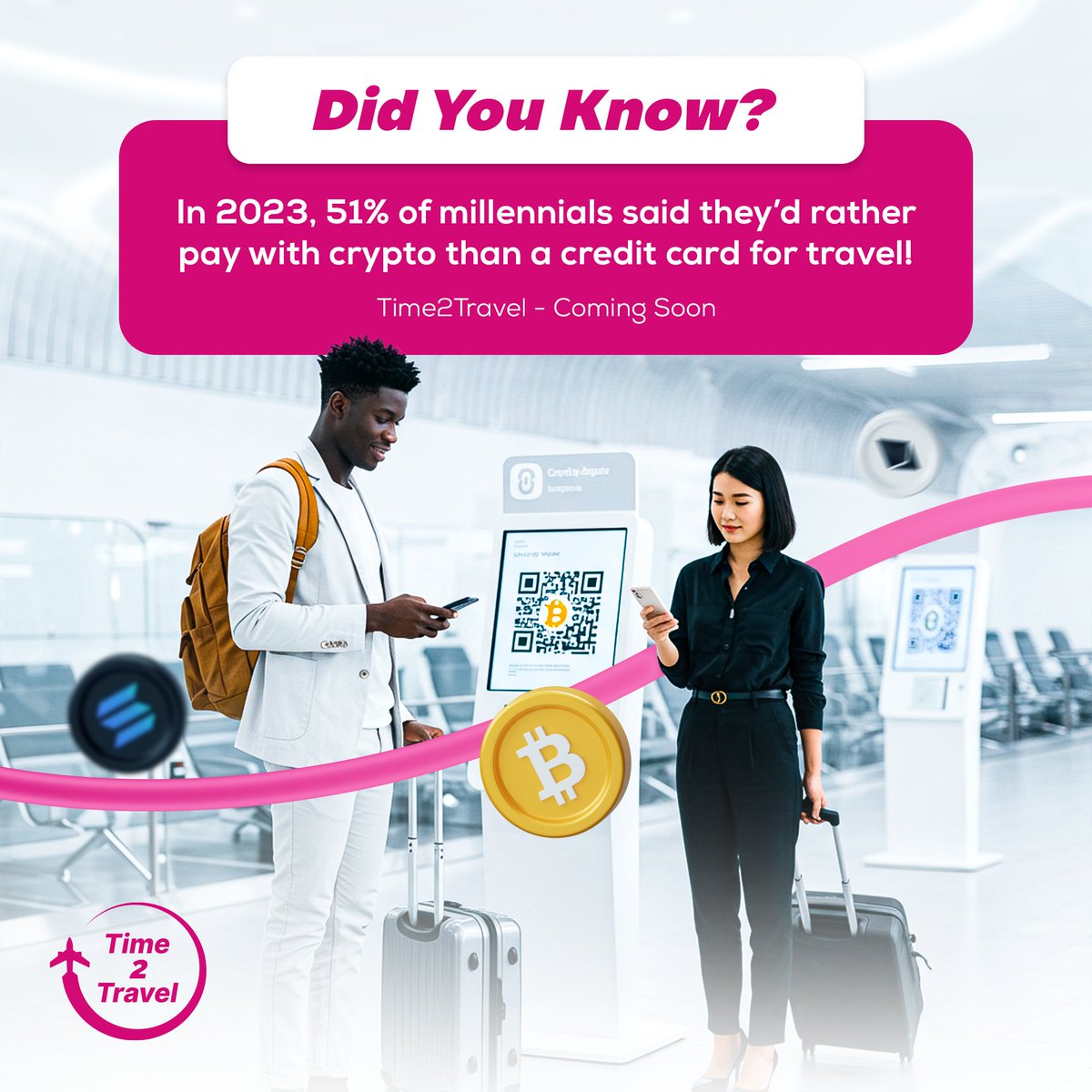 #TravelTrends You Should Know:
In 2023, 51% of millennials expressed a preference for paying with #cryptocurrency over traditional credit cards when booking travel
#Time2Travel is #comingsoon — a platform designed to meet this demand by allowing users to book flights