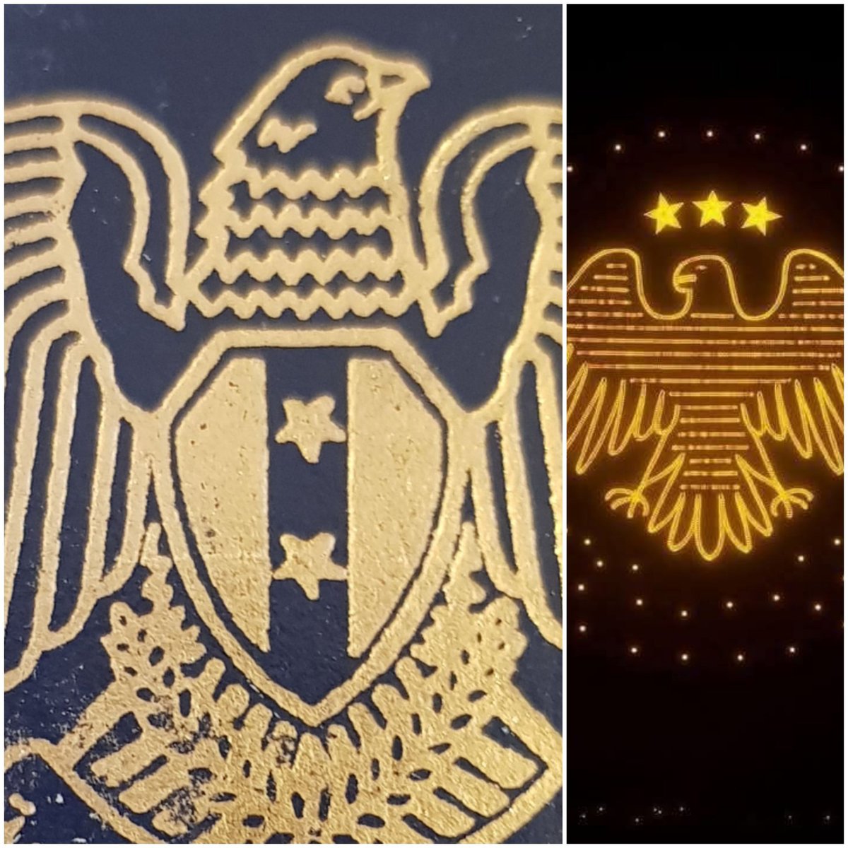 الرموز تكشف نوايا الدول : نسر الدولة السورية الجديدة ينظر نحو اليمين هذا يعني أن الدولة يمينية متطرفة وهو نسر جائع لأنه في حالة الإنقضاض على الفريسة أي أن نسر الجمهورية السورية الجديد متطرف وجائع "عنيف ويقتل " أما النسر القديم ينظر لليسار وهو ثابت شبعان عنفوانه عالي.