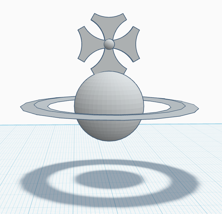 pomeranist's tweet image. #Thinkercad　で 

ヴィヴィアンウエストウッド風（Vivienne Westwood）

↓の土星🪐の進化系

土星の頭の十字架♰は

「n個の突起のロッド（凹型）」てやつの
突起の数を→３にして

十字架になるように4方向に並べてグループ化した

#3D免疫療法