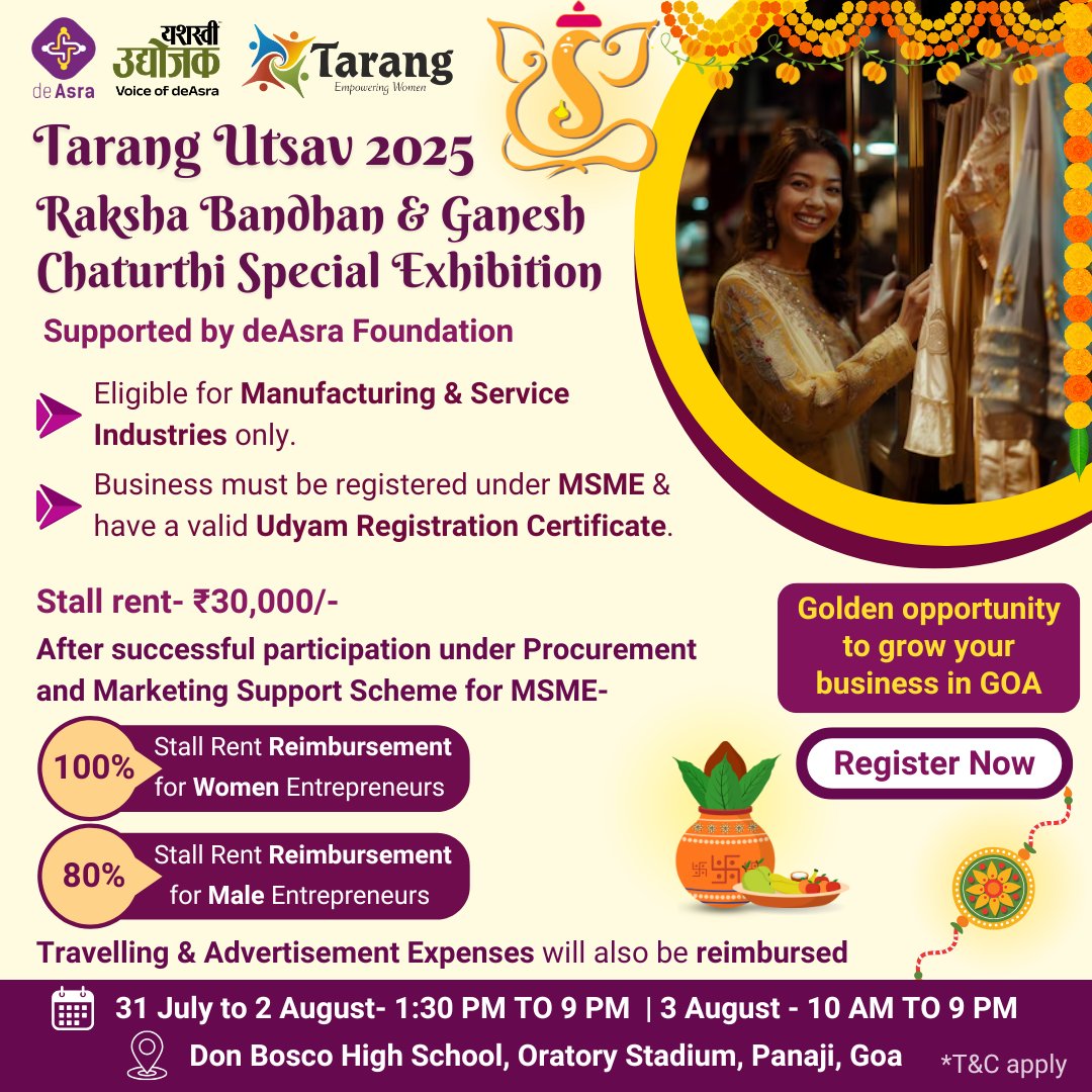 Looking for the perfect platform to showcase your products this festive season?

Here’s your golden opportunity to grow your business in GOA! Shine at Tarang Utsav 2025 – Goa’s vibrant exhibition!

📝 Register Now- shorturl.at/fSivQ

#deAsraFoundation #GoaExhibition