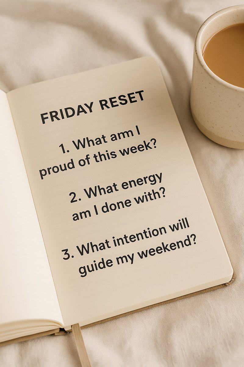 rvmindsetduo's tweet photo. It’s not too late for a Friday reset.
Before you log off for the week, ask:
• What am I proud of this week? • What can I leave behind? • How do I want to feel by Sunday night?

#FridayReflection #MindsetMatters #LifeCoachUK #JournalingPrompt #WeekendReset #GrowthTools https://t.co/4wW07xeO3g