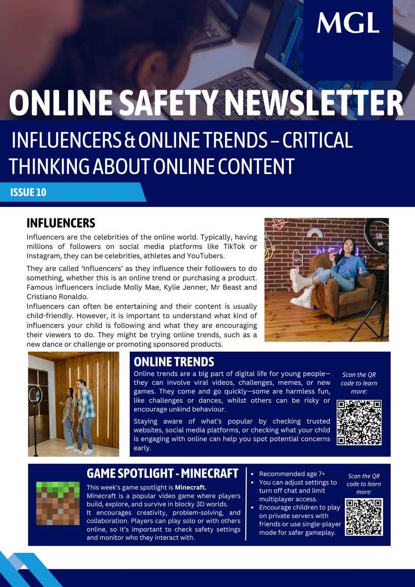 MGLWorldNews's tweet image. Influencers & Online Trends - Critical Thinking about Online Content 📰
Our final Online Safety Newsletter of this academic year focuses on influencers, online trends and Minecraft 📱
#MGL #OnlineSafety
